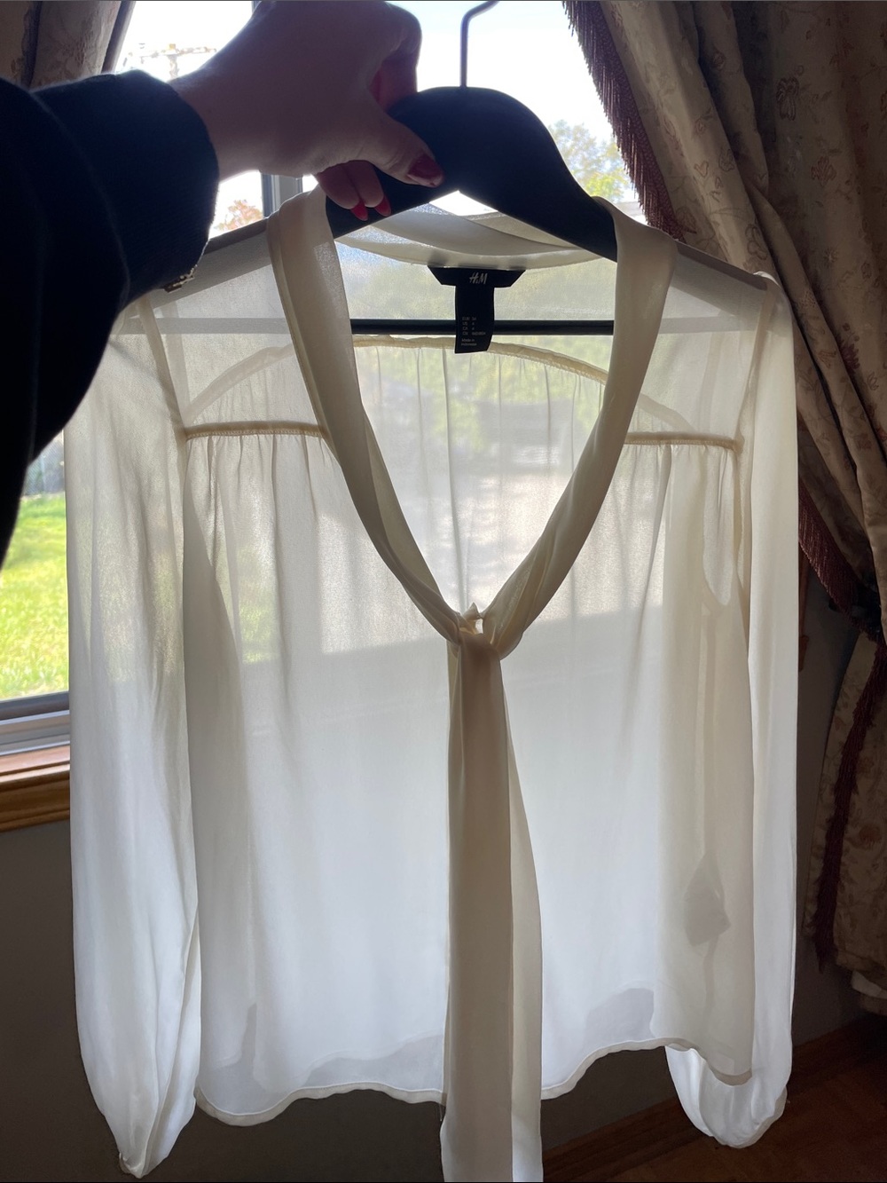 H&M Cream Sheer Tie-Neck Blouse with Scarf Detail